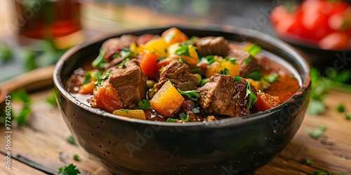 Delicious beef stew with potatoes and carrots Bowl of goulash with meat, potatoes, chillies and parsley.AI Generative 