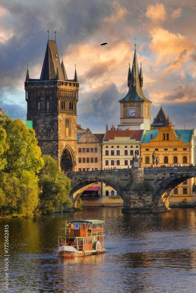 Golden Hour in Prague A View with Charles Bridge Over Vltava River Scenery.
