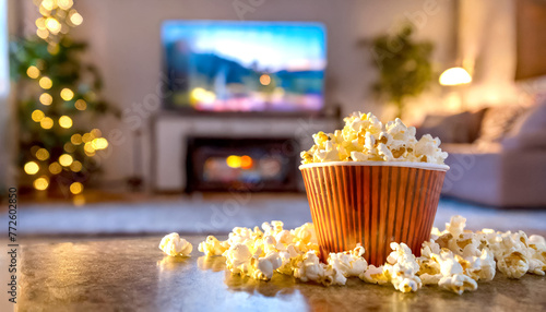 Schüssel mit Popcorn im Hintergrund ein laufender Fernseher 
