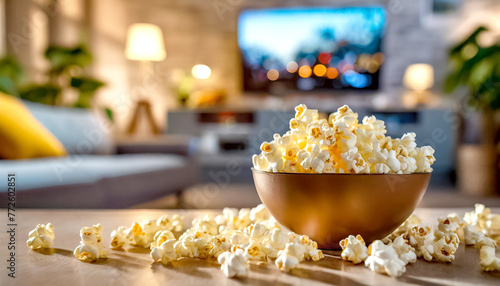 Schüssel mit Popcorn im Hintergrund ein laufender Fernseher  © Sina Ettmer