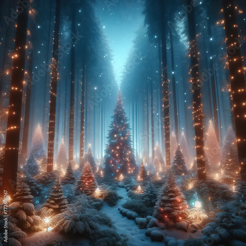 Magical forest with Christmas trees and glowing lights