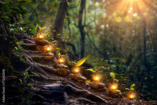 Magical glowing lights along a fantasy forest path, mystically enchanted plants, dreamy nature illustration