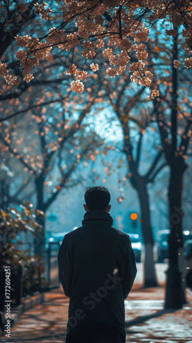 A solitary figure man walks under blooming spring trees, with soft focus creating a dreamy, contemplative atmosphere.