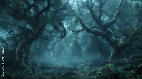 A forest with trees that are twisted and dark. Scene is eerie and mysterious