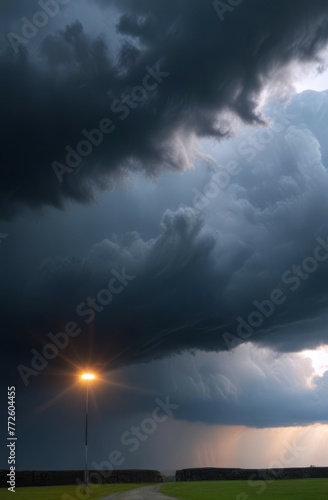 dark storm clouds gathering in sky, and single street light illuminates foreground. concepts: light in darkness, day of light, reference point, from darkness to light, atmospheric landscape 