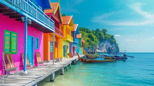 Tropical Waterfront with Colorful Stilt Houses Ai generated photo