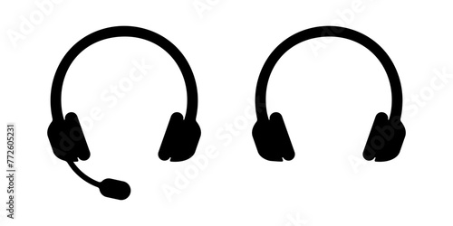 Headset with microphone and headphone icons. Music or radio listening equipment, online communication devices, DJ or gamer gadgets isolated on white background. Vector graphic illustration.