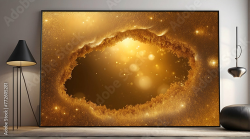 Breathtaking digital illustration of a cosmic ring galaxy radiating light and golden stardust against a dark space photo