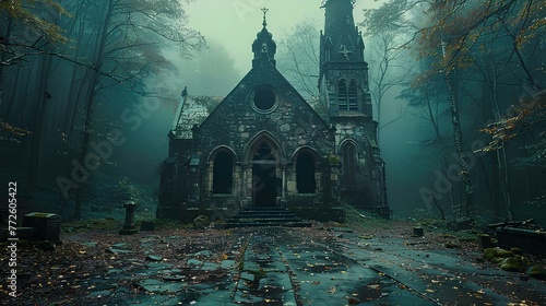 an abandoned chapel in a deep forest that is frightening and dark and causes fear and spookiness, horror, darkness, gloom. generative AI photo