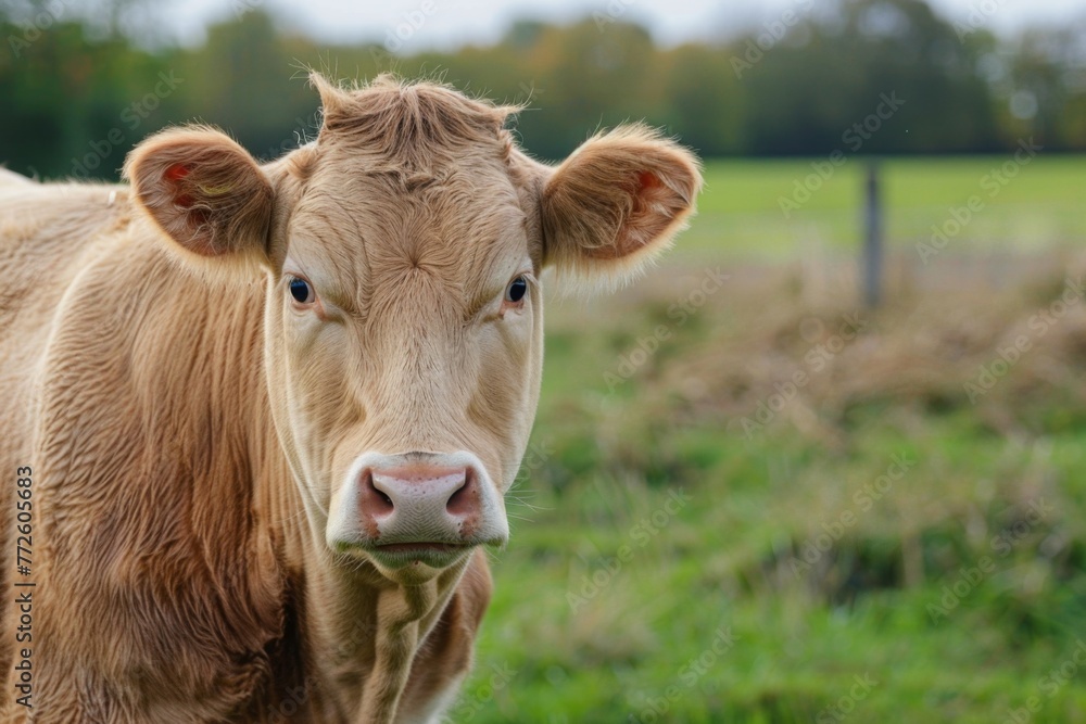 Brown Cow Standing on Top of Lush Green Field Brown Cow Standing on Top of Lush Green Field