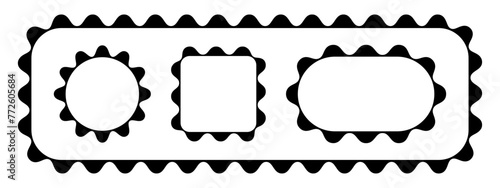 Set of round, square, rectangle and oval frames with scalloped borders. Tags, labels, stickers or text boxes templates with wavy edges isolated on white background. Vector graphic illustration.