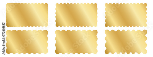Set of gold rectangle stickers with wavy borders. Metallic undulate shapes of labels, badges, price tags, coupons, promocode tickets isolated on white background. Vector realistic illustration.