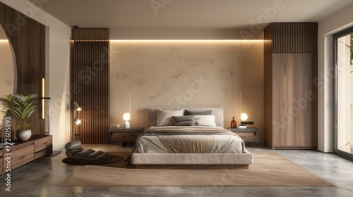 Front view of the bedroom with light wooden walls  double bed with gray sheets.