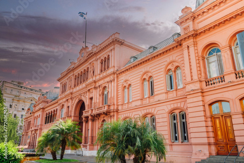 Sunset Hues over Casa Rosada, Iconic Presidential Palace in Buenos Aires, Argentina with Lush Palms