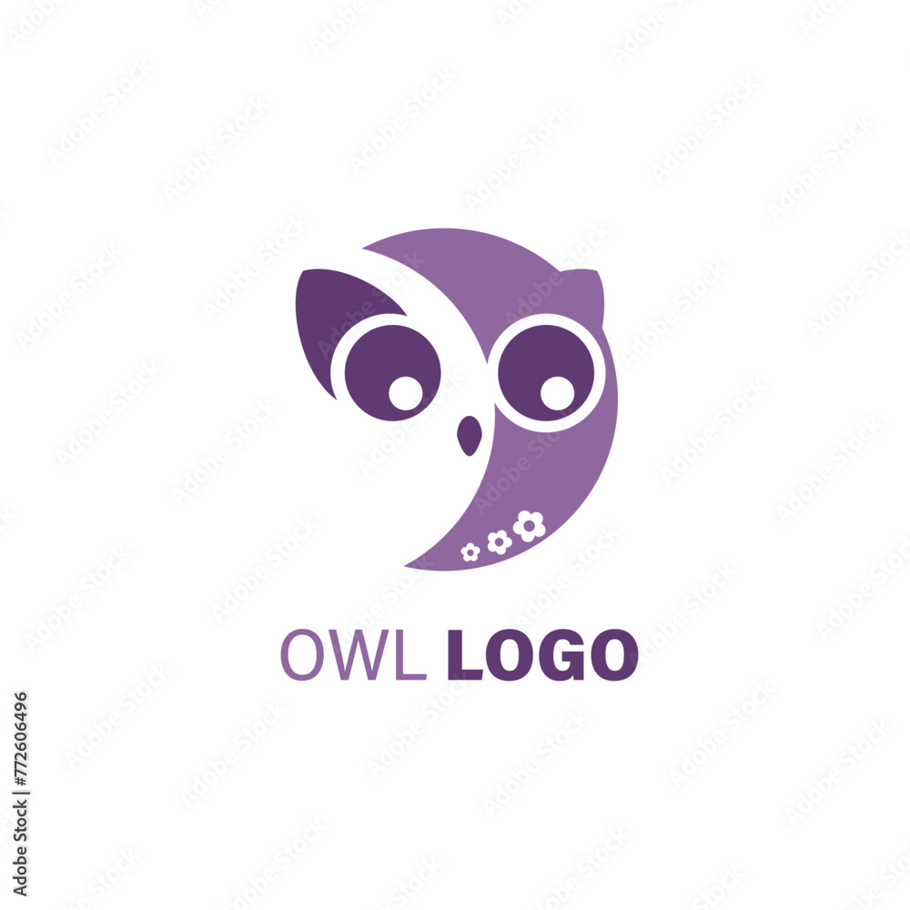 Purple owl half circle logo with big eyes and flowers. For companies and businesses. Vector for business cards and corporate identity.