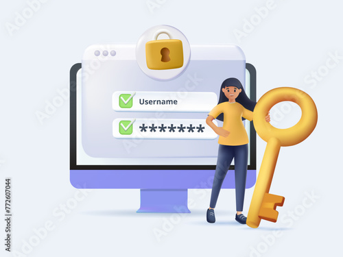 Woman with login and password. Authorization and authentication. Protection of personal data and information on internet. User enter to account or profile. Cartoon 3D vector illustration