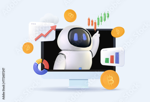 Crypto trading bot abstract concept 3D vector illustration. Automated AI tradings, best bitcoin trading bot analyze cryptocurrency market data 3D, financial exchange, earning profit abstract metaphor