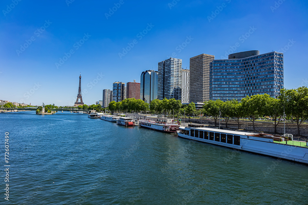 Cityscape of Seine river and District of Beaugrenelle. Paris, France.