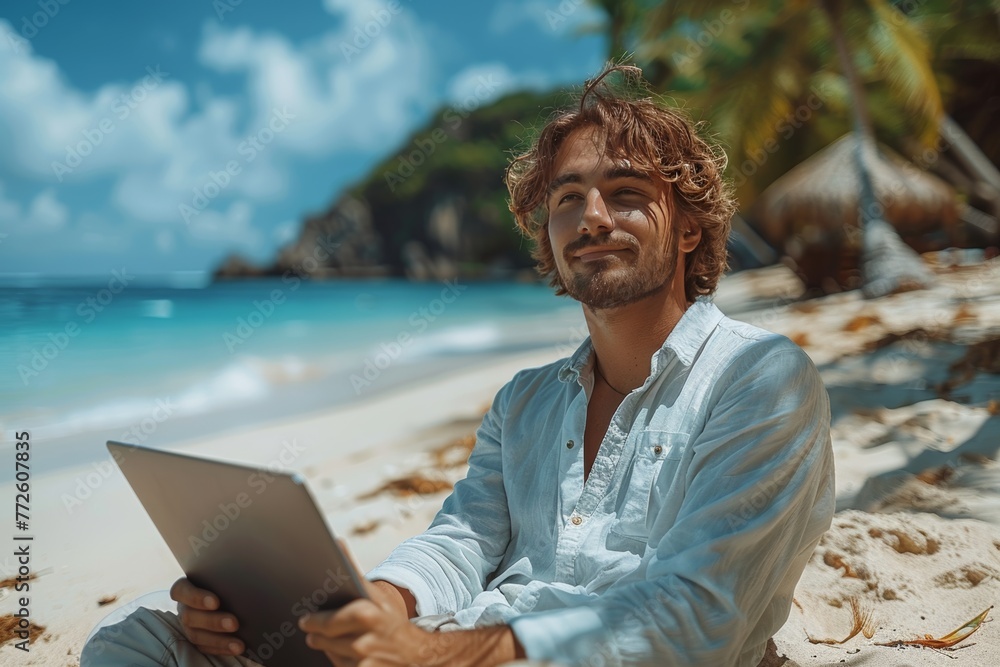 Tranquil coastal remote work: Man in white shirt with laptop, sunny beach, birch sea