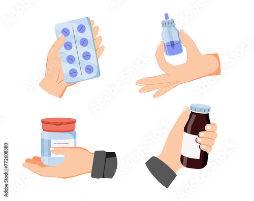 Health care concept set. Collection of people check body temperature, take pills, supplements, capsules with water