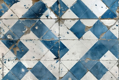 Old blue and white retro vintage worn shabby patchwork checkered chessboard lozenge diamond rue motif tiles stone concrete cement wall wallpaper texture seamless pattern