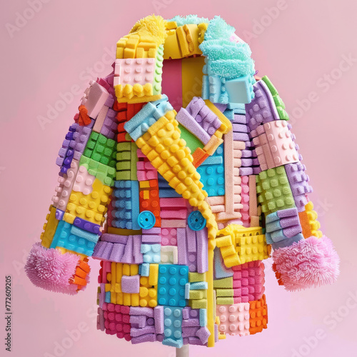 Creative jacket adorned with a vibrant mosaic of toy-inspired blocks. Playful and eye-catching look, pastel colors and distinctive texture, unique addition to any wardrobe.