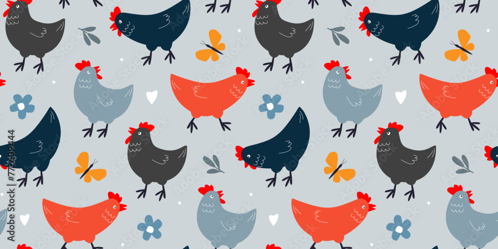 Seamless pattern with cute chickens. Summer abstract print with pet birds. Vector graphics. - obrazy, fototapety, plakaty 