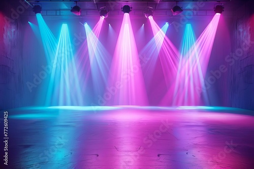 Neon dark empty stage room with spotlights in blue, purple and pink, studio background illustration