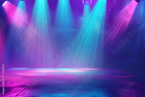 Neon dark empty stage room with spotlights in blue, purple and pink, studio background illustration