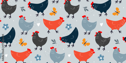 Seamless pattern with cute chickens. Summer abstract print with pet birds. Vector graphics.