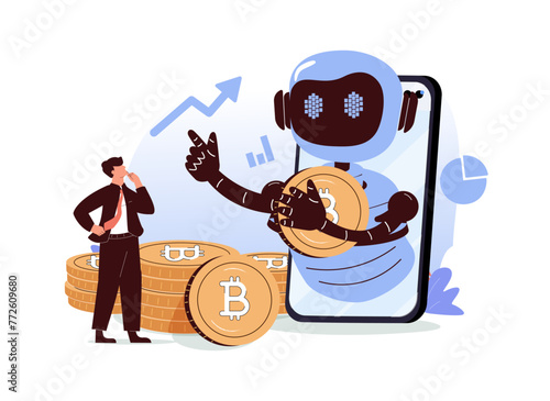 Crypto trading bot abstract concept vector illustration. Automated AI tradings, best bitcoin trading bot analyze