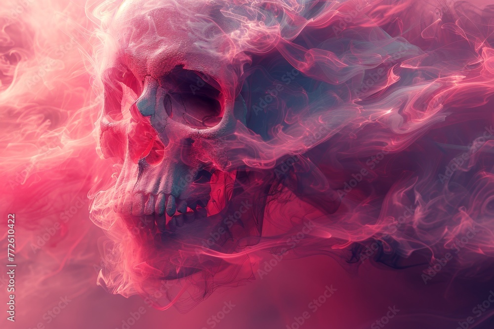 Skull, bones and skeleton. Ritual for the deceased. Neon logo with skull. Grim Reaper, death. Burning eyes - obrazy, fototapety, plakaty 