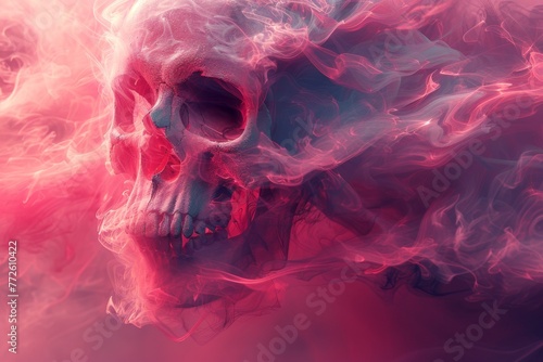 Skull, bones and skeleton. Ritual for the deceased. Neon logo with skull. Grim Reaper, death. Burning eyes #772610422