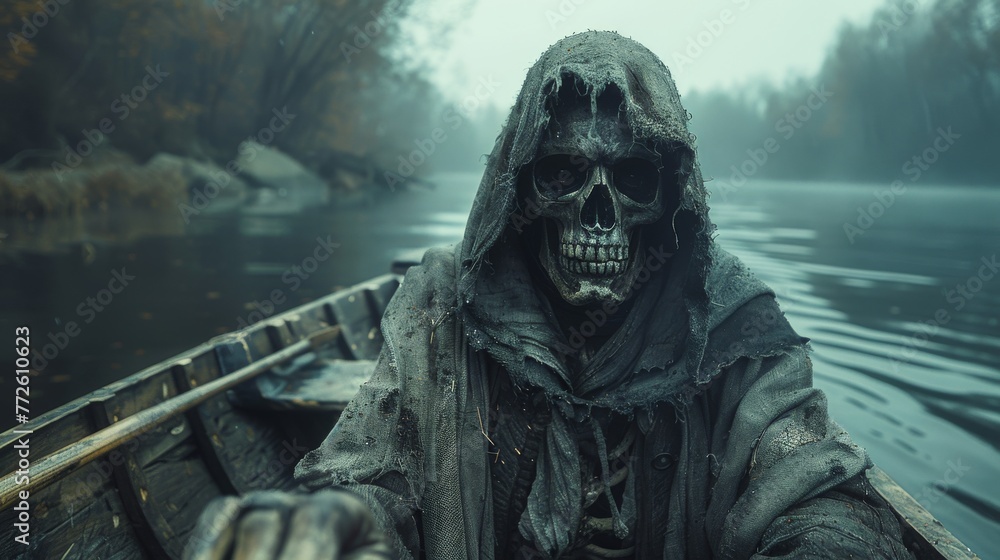 Skull, bones and skeleton. Death with a scythe in a boat, HADES transports the souls of the dead. - obrazy, fototapety, plakaty 