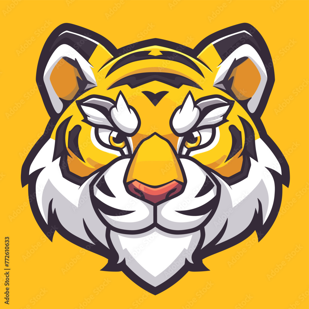 Fototapeta premium Vector esports logotype cute cartoon tiger on yellow background, logo cute tiger, icon cute tiger, sticker cute tiger, symbol cute tiger, emblem cute tiger