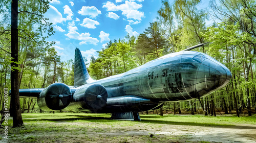 Large airplane sitting on top of lush green field next to forest. photo