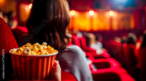 Woman holding bowl of popcorn in front of movie theater audience.