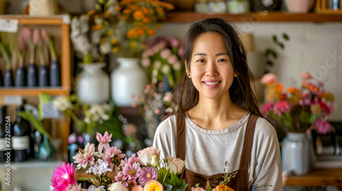 Woman holding bunch of flowers in front of shelf of flowers.