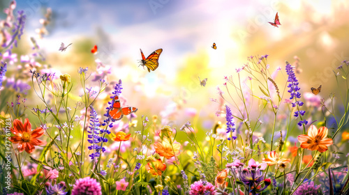 Field full of colorful flowers with butterfly flying over the top of them.
