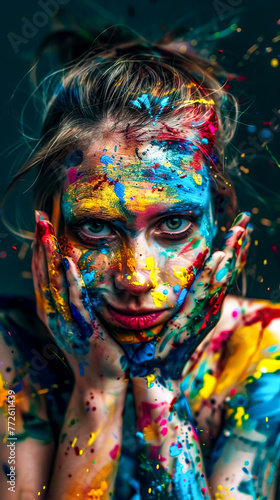 Woman is covered in colorful paint and has her hands on her face.