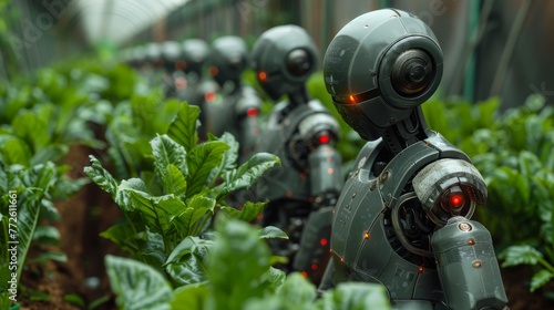A robot that helps with growing fresh vegetables and plants, a robot farmer, progress and revolution in the agricultural sector, future technologies with AI