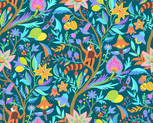 Rich vibrant colorful floral pattern with cute moths and animals for decor, wallpaper, fabric design. Vector illustration.