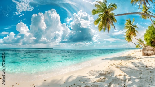 Beautiful beach with white sand  turquoise ocean  blue sky with clouds and palm tree over the water on a Sunny day. Maldives  perfect tropical landscape  ultra wide format.