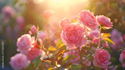 Beautiful rose flower in nature outdoors in pink sunlight on dark background