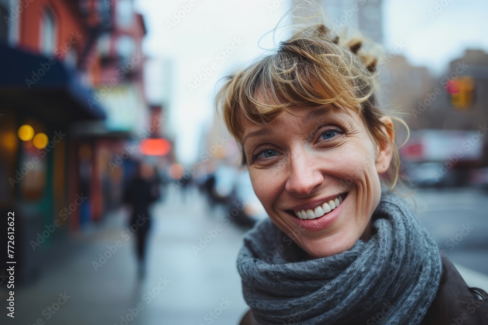 Close up portrait of a smiling young woman in a city street.