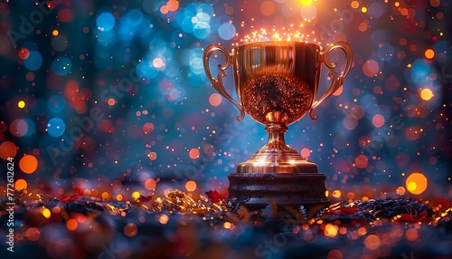 Achievement success in education awards concept. Golden trophy cup winner on bokeh background