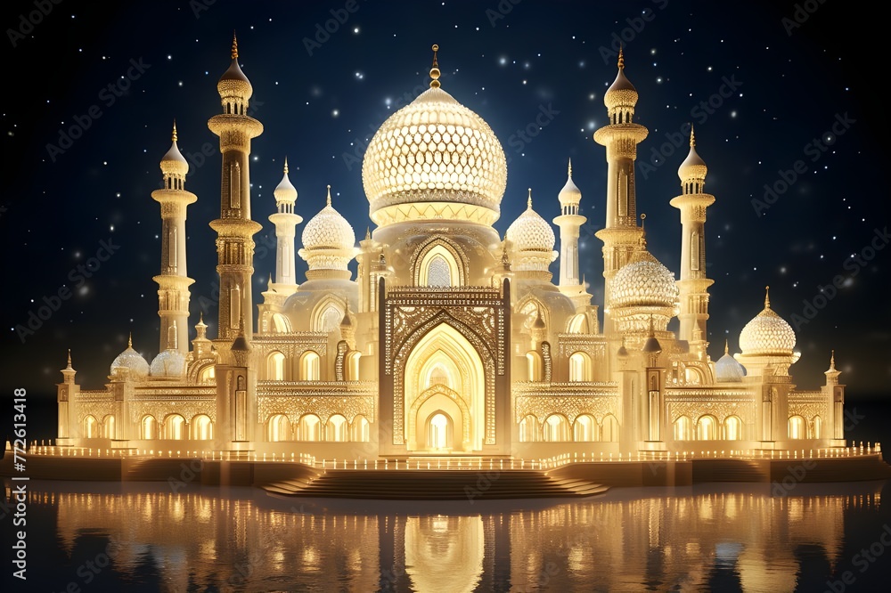 Glowing Grandeur - A White and Golden Mosque in 3D