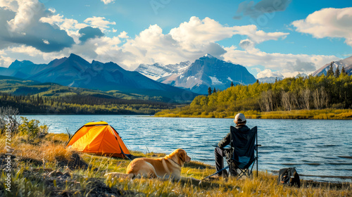 Man sitting in chair next to tent next to dog.