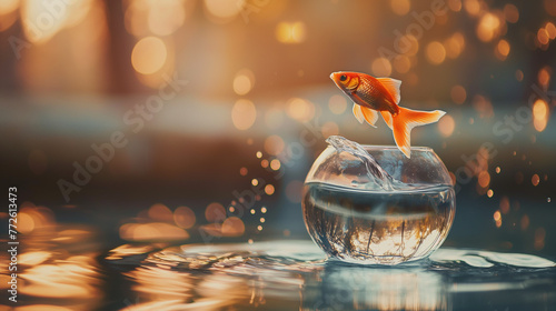 Goldfish jumping out of the water. Goldfish jumping from aquarium. Escape. Goldfish jumping from glass aquarium, Generative AI