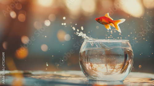 Goldfish jumping out of the water. Goldfish jumping from aquarium. Escape. Goldfish jumping from glass aquarium, Generative AI